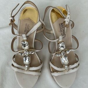Michael Kors Cream Strappy Heels with Crystal Accents